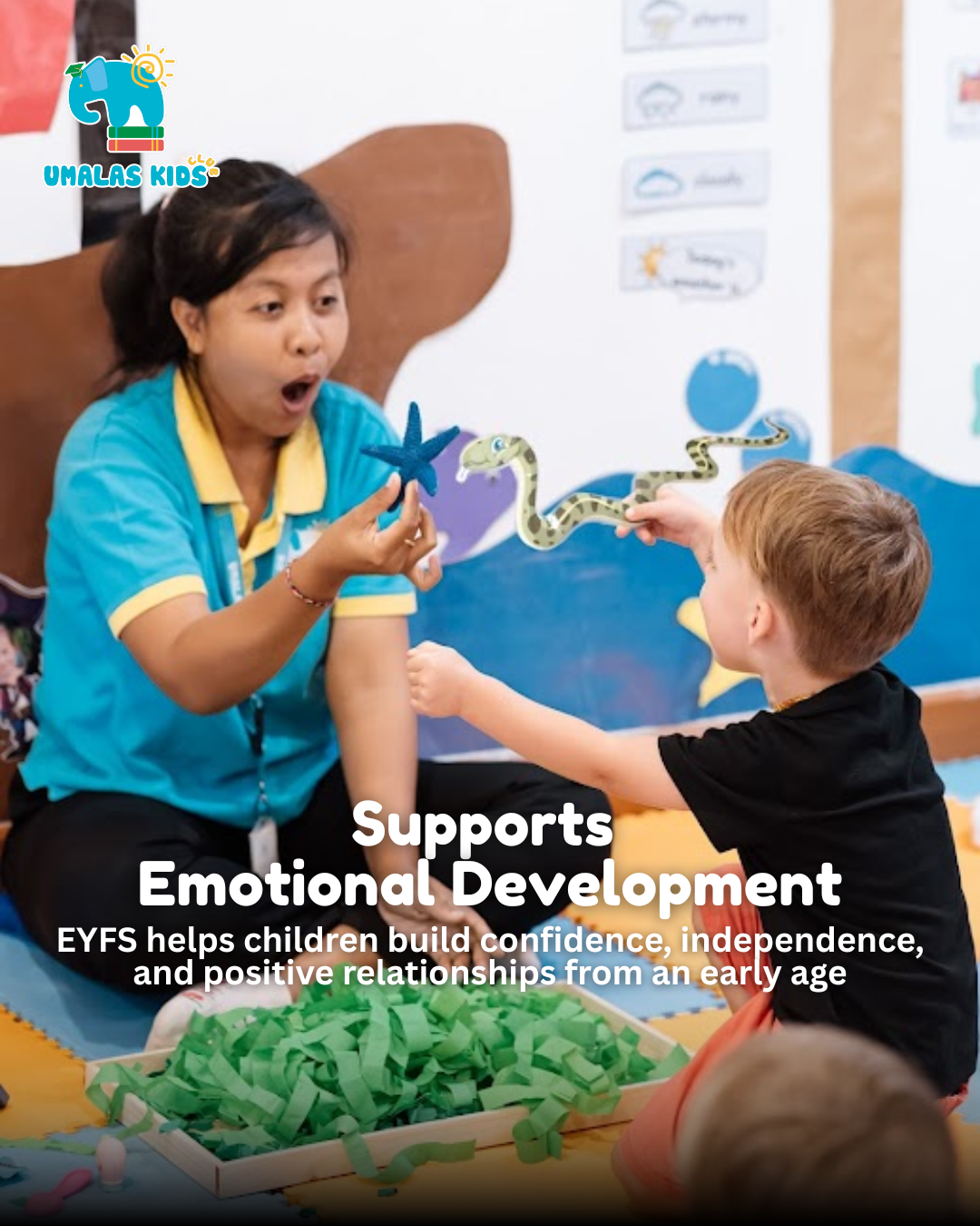 Teacher supporting emotional development in EYFS preschool classroom